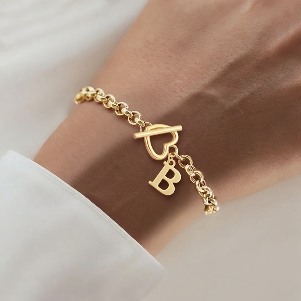 Women's Golden Classic Stainless Steel Initial Heart Toggle Bracelet